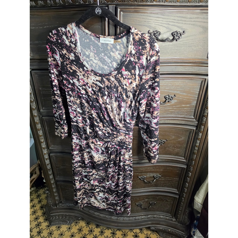 Calvin Klein Pink Black Abstract Print Ruched Sheath Dress Size 4 Long Sleeve